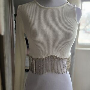 Forever 21 Cream Ribbed One-Shoulder Crop Top with Gold Fringe